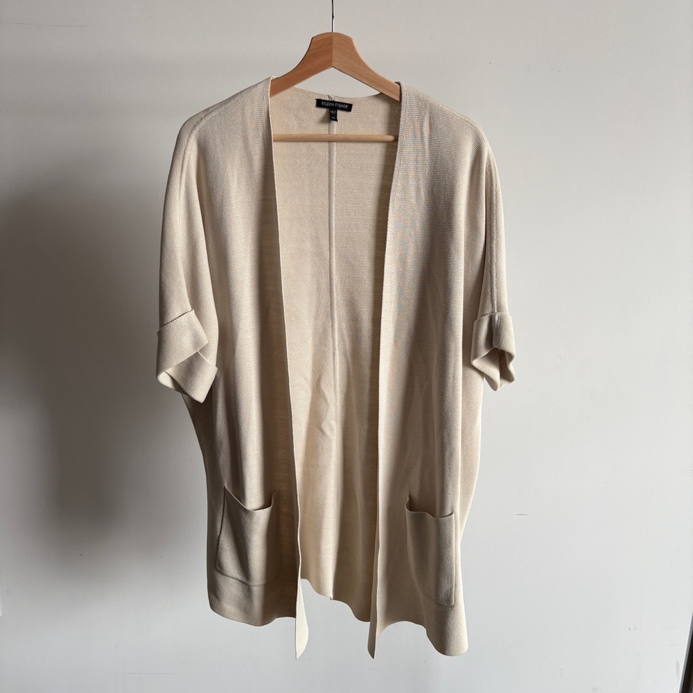Eileen Fisher Ivory Elbow Sleeve Cardigan in Cotton and Silk Sz X-Small